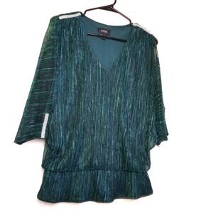 MSK Women's Blue Green Metallic V-Neck Balloon Waist Split Sleeve  Lined Sie L